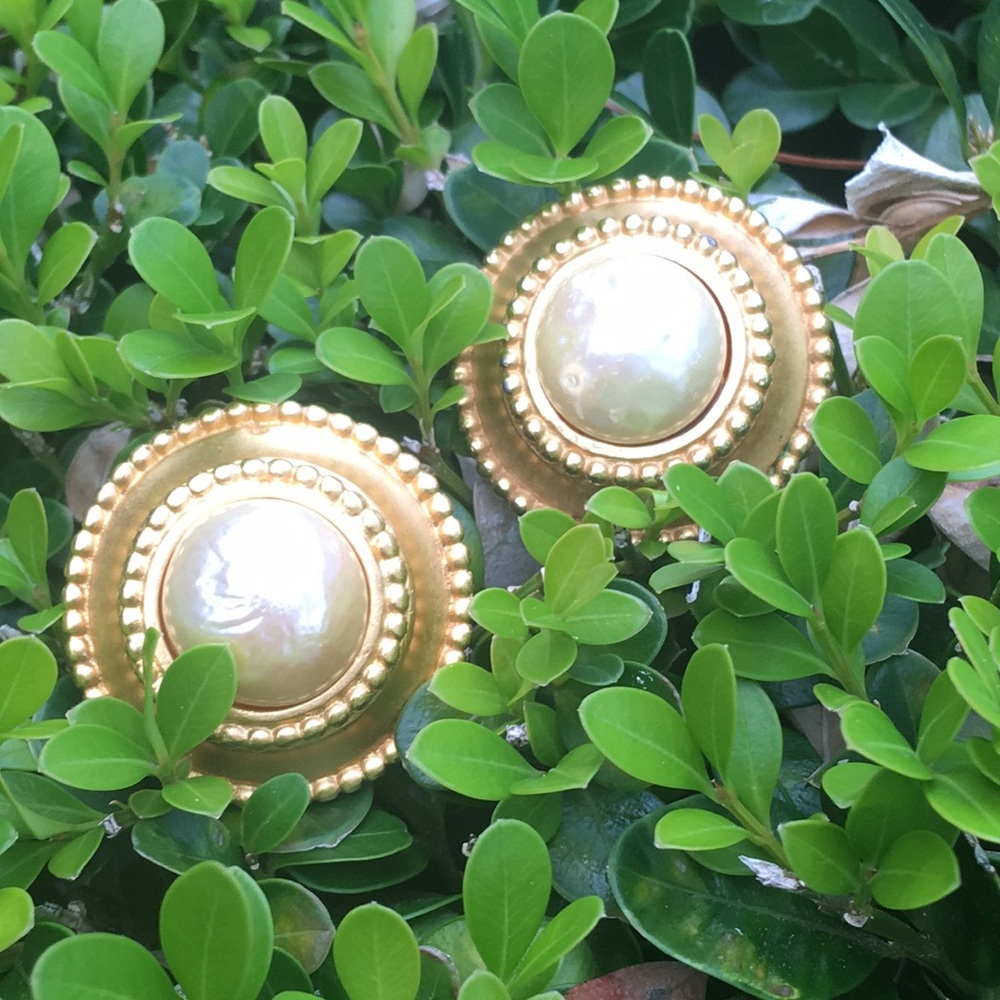 Vintage Karl Lagerfeld Golden Pearl Clip Earrings